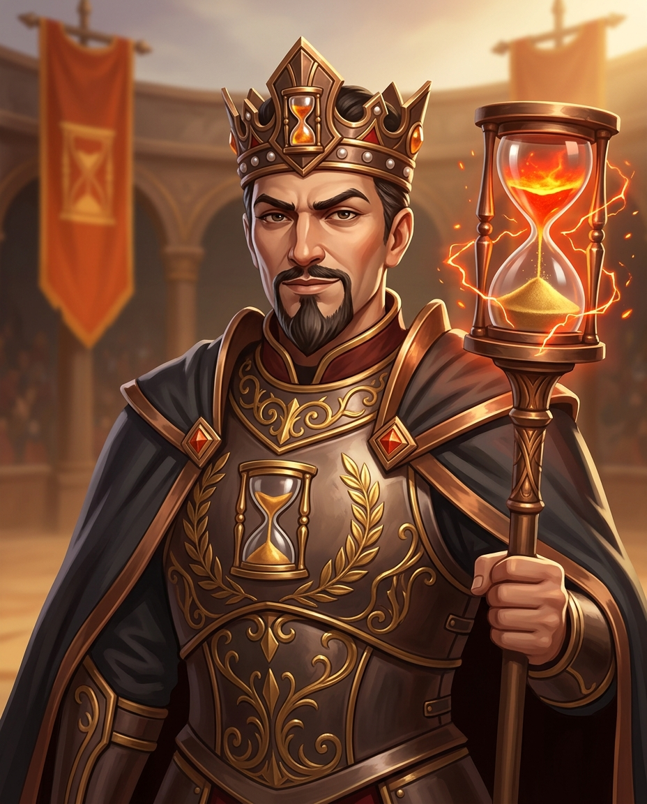 Emperor Soonius, The Hourglass, crowned in bronze and gold and gripping a staff topped with a glowing hourglass wreathed in orange-red furnace energy