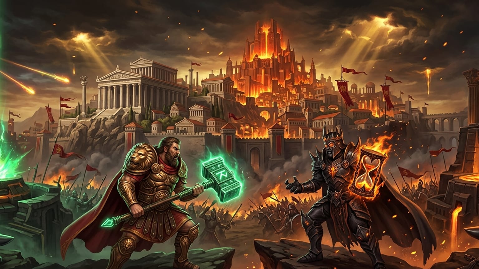 Two rival kings and their imperial cities face off across a molten battlefield