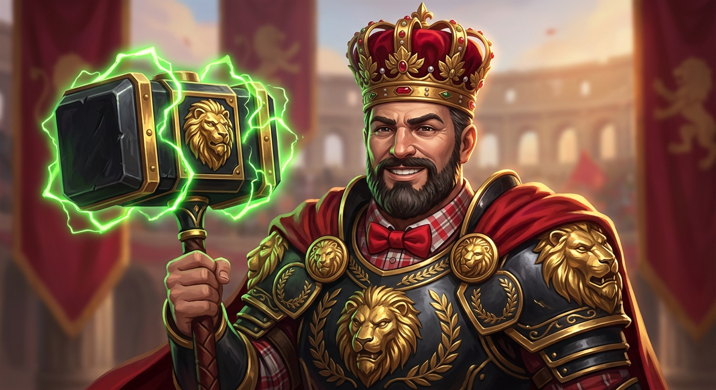 King Renegadus, crowned and bearded in gold lion armor and a red cape, raising a warhammer crackling with green energy
